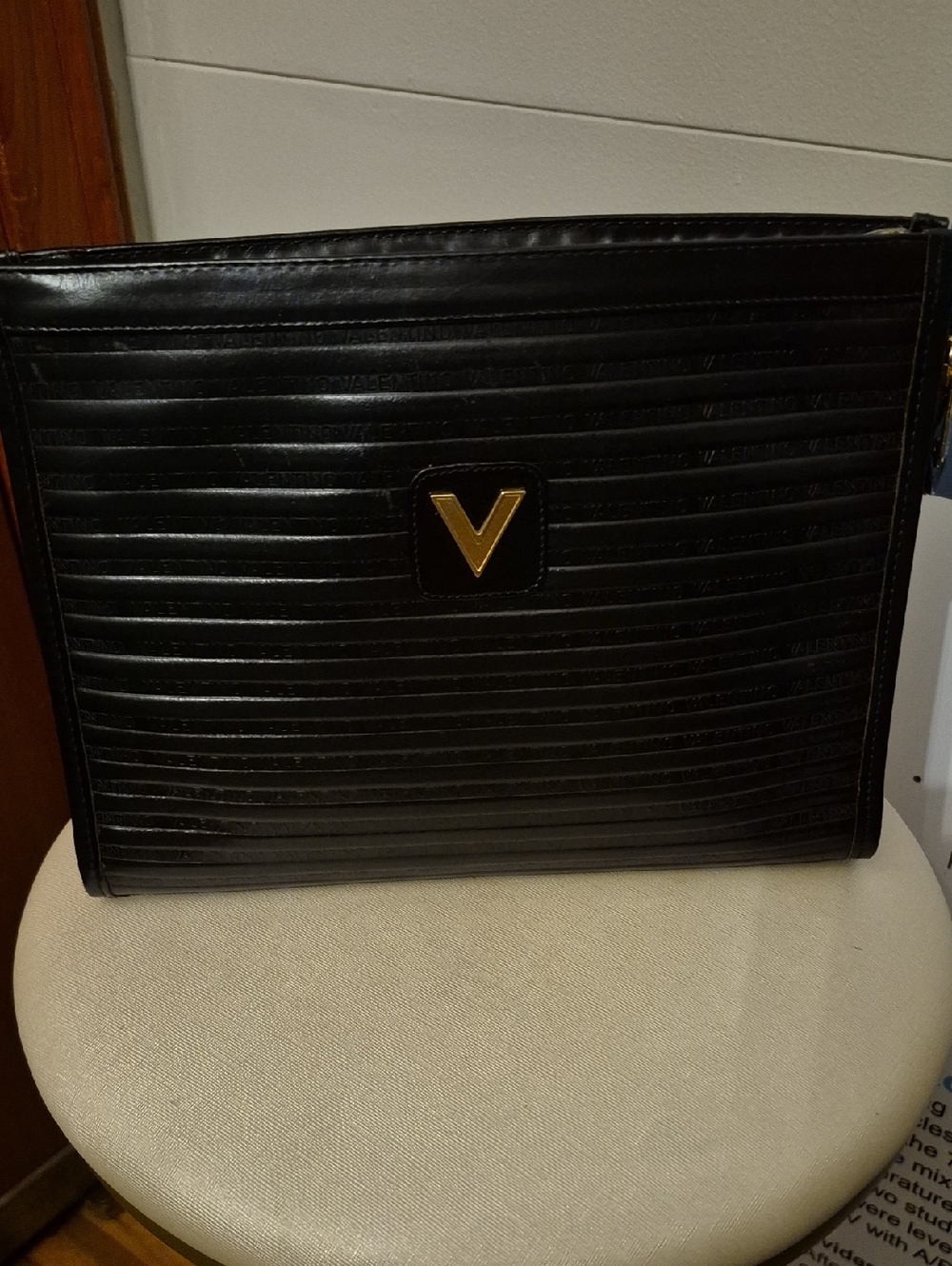 Mario Valentino Black Clutch with Gold V Emblem